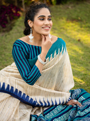 ساري نسائي من حرير بهجالبوري بيج مطبوع بتصميم أنيق مع قطعة بلوزة