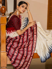 ساري نسائي من حرير بهجالبوري بيج مطبوع بتصميم أنيق مع قطعة بلوزة