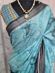 Women's Linen Blend Light Blue Printed Designer Saree With Blouse Piece