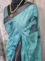 Women's Linen Blend Light Blue Printed Designer Saree With Blouse Piece