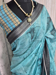 Women's Linen Blend Light Blue Printed Designer Saree With Blouse Piece
