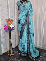 Women's Linen Blend Light Blue Printed Designer Saree With Blouse Piece