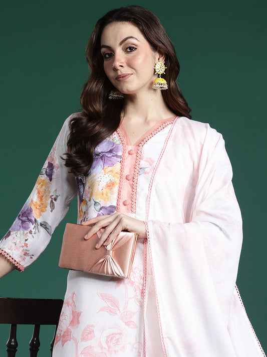 Indo Era White Printed Straight Kurta Trousers With Dupatta Set