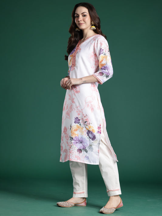 Indo Era White Printed Straight Kurta Trousers With Dupatta Set
