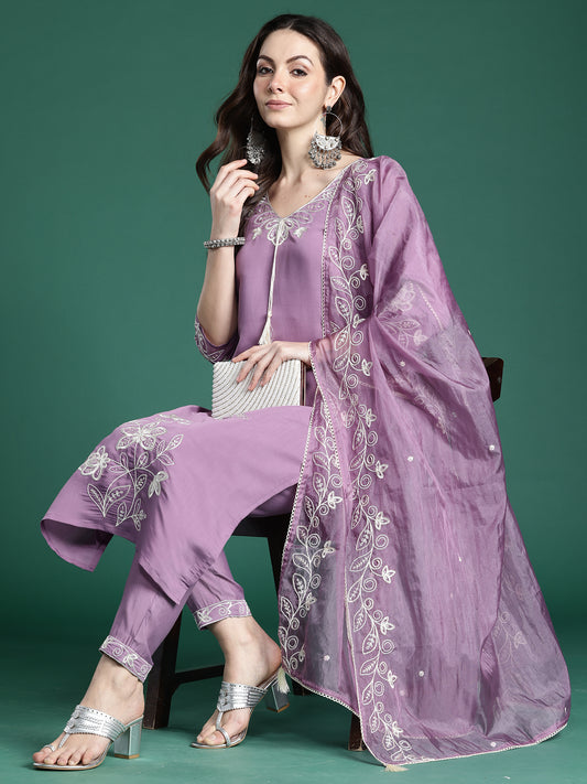 Indo Era Lavender Embroidered Straight Kurta Trousers With Dupatta Set