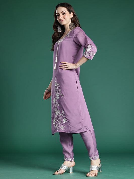 Indo Era Lavender Embroidered Straight Kurta Trousers With Dupatta Set