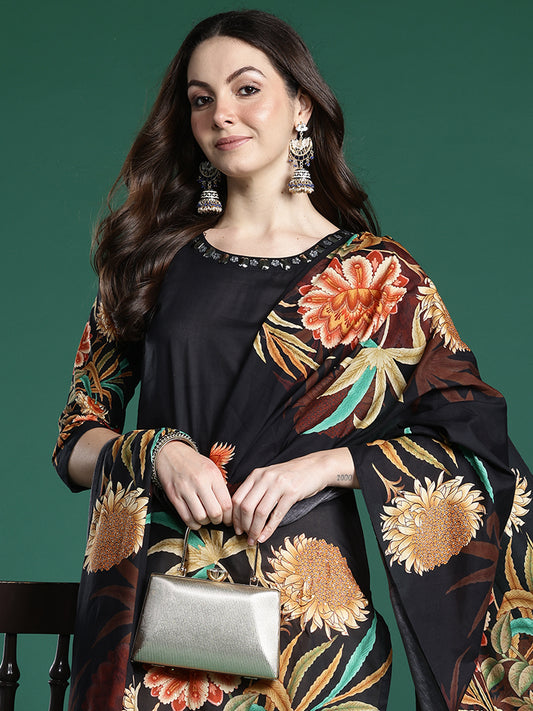 Indo Era Black Straight Kurta Trousers With Dupatta Set