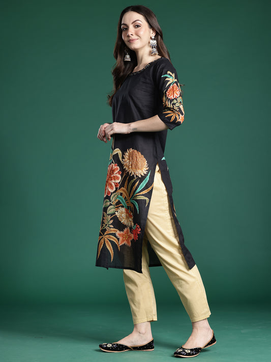 Indo Era Black Straight Kurta Trousers With Dupatta Set