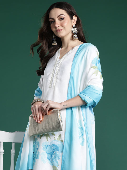 Indo Era Off White Printed Straight Kurta Trousers With Dupatta Set