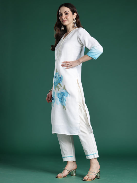 Indo Era Off White Printed Straight Kurta Trousers With Dupatta Set