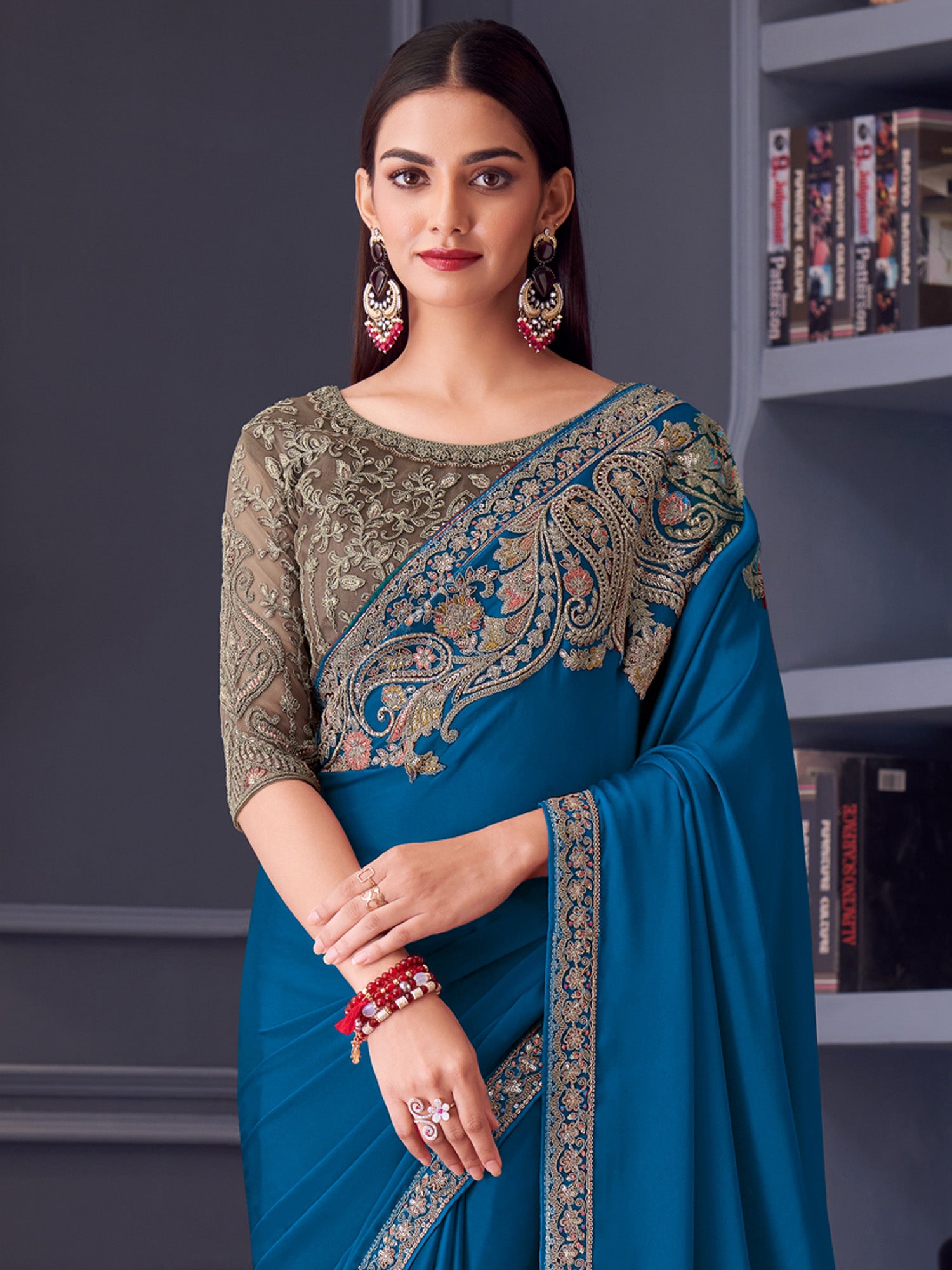 Women's Satin Blue Embellished Designer Saree With Blouse Piece