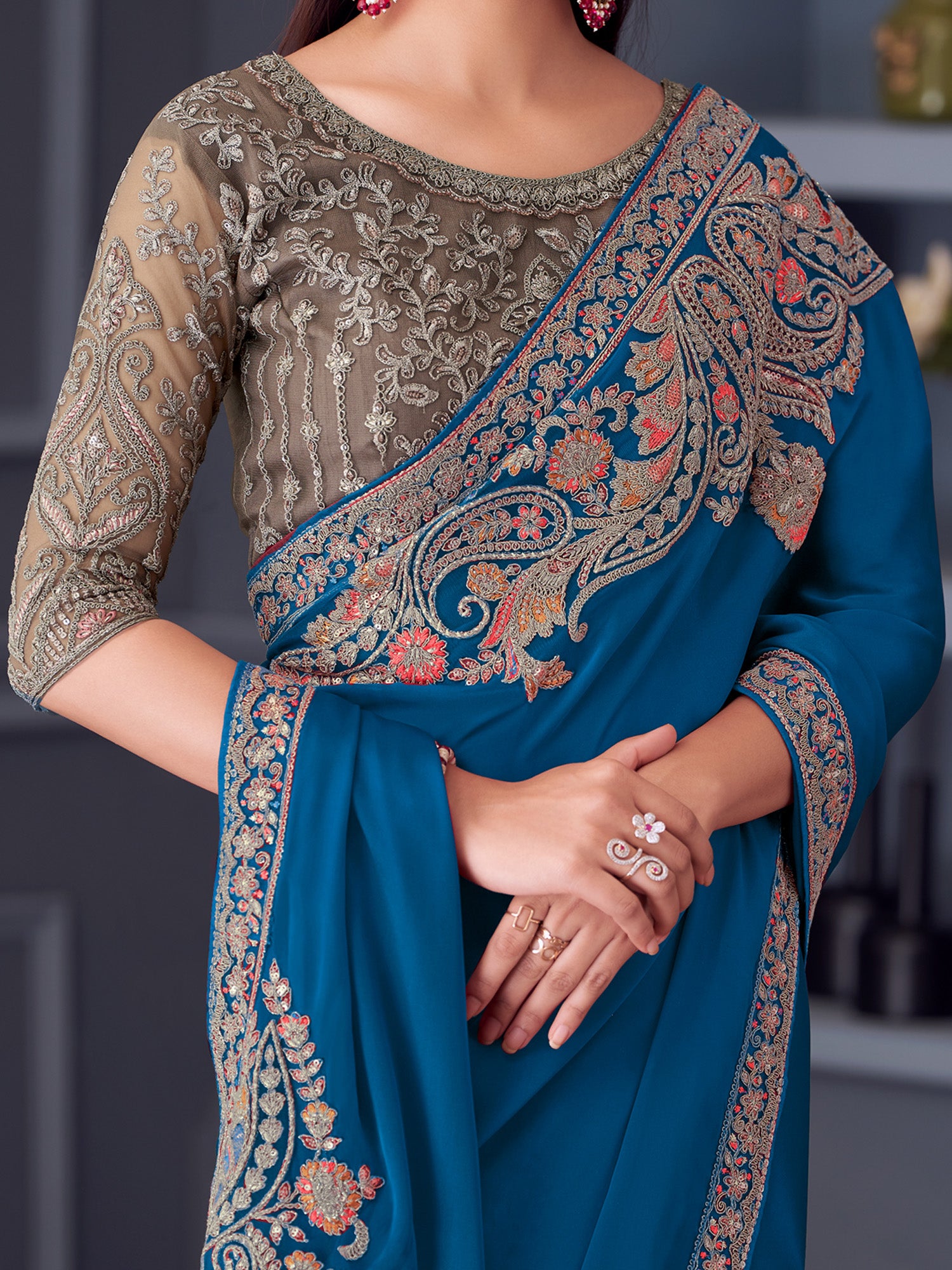 Women's Satin Blue Embellished Designer Saree With Blouse Piece