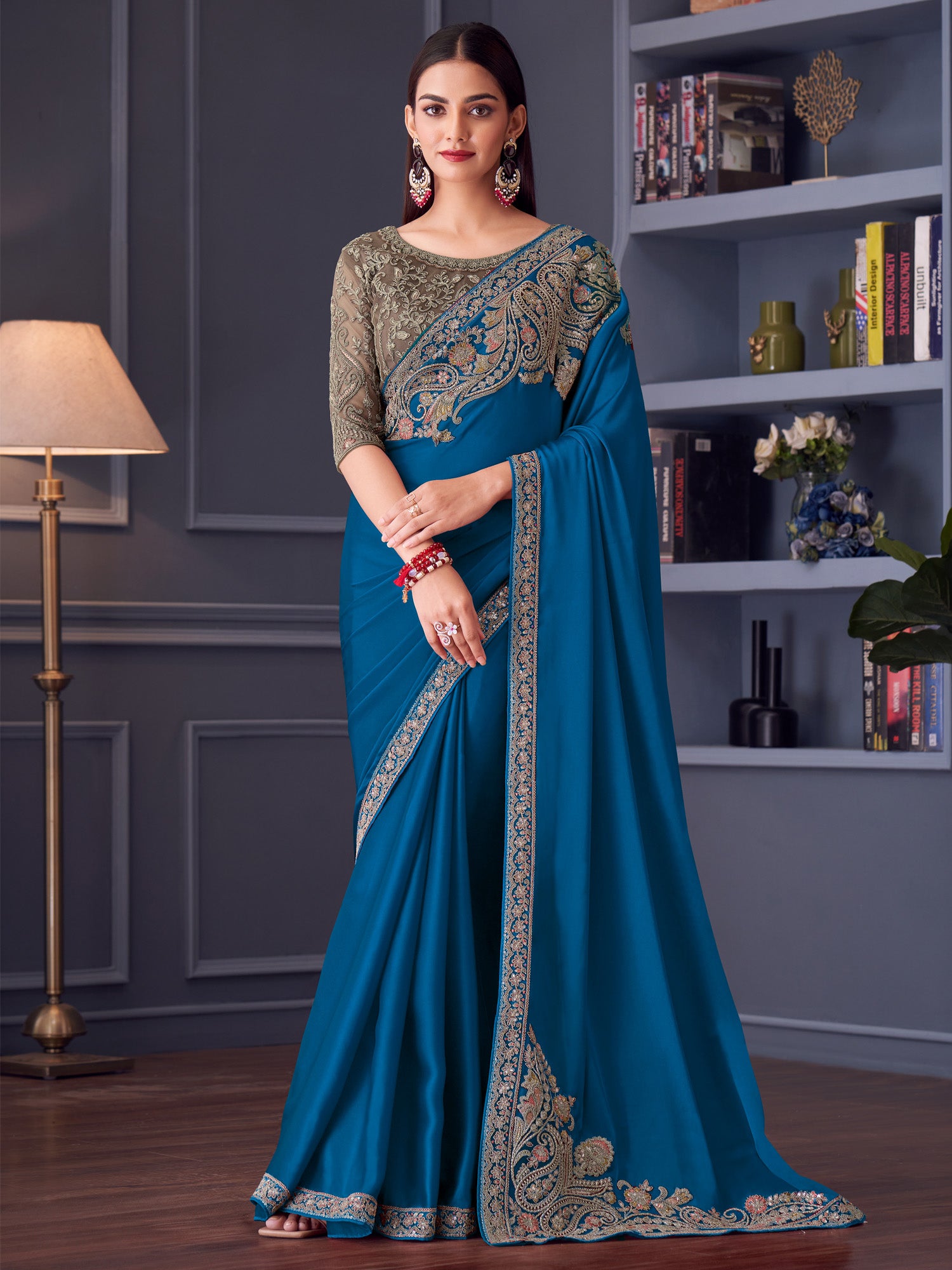 Women's Satin Blue Embellished Designer Saree With Blouse Piece