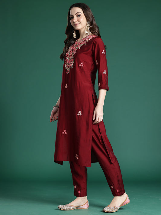 Indo Era Maroon Embroidered Straight Kurta Trousers With Dupatta Set