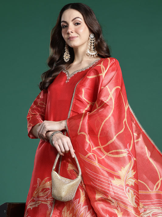 Indo Era Rust Printed Straight Kurta Trousers With Dupatta Set