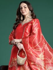 Indo Era Rust Printed Straight Kurta Trousers With Dupatta Set