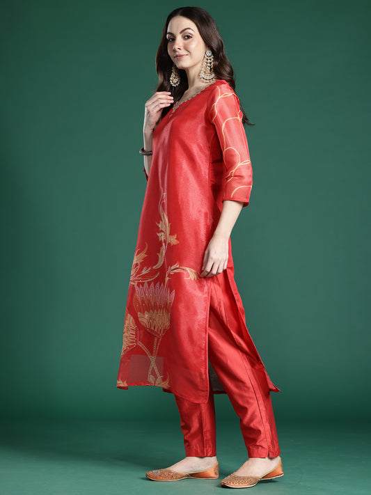 Indo Era Rust Printed Straight Kurta Trousers With Dupatta Set