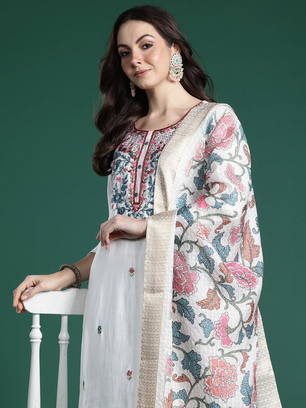 Indo Era White Embroidered Straight Kurta Trousers With Dupatta Set