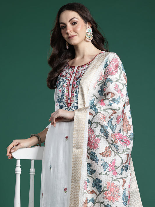 Indo Era White Embroidered Straight Kurta Trousers With Dupatta Set