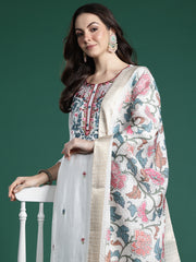 Indo Era White Embroidered Straight Kurta Trousers With Dupatta Set