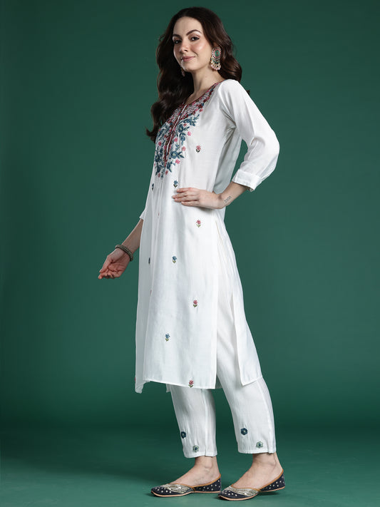 Indo Era White Embroidered Straight Kurta Trousers With Dupatta Set