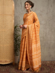 Women's Linen Orange Printed Designer Saree With Blouse Piece