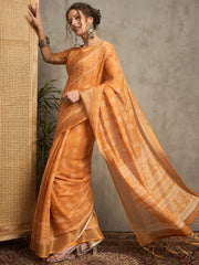 Women's Linen Orange Printed Designer Saree With Blouse Piece