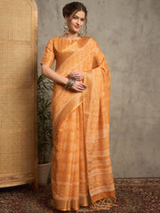 Women's Linen Orange Printed Designer Saree With Blouse Piece