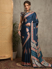 Women's Pure Crepe Teal blue Printed Designer Saree With Blouse Piece