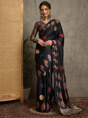 Women's Pure Crepe Black Printed Designer Saree With Blouse Piece