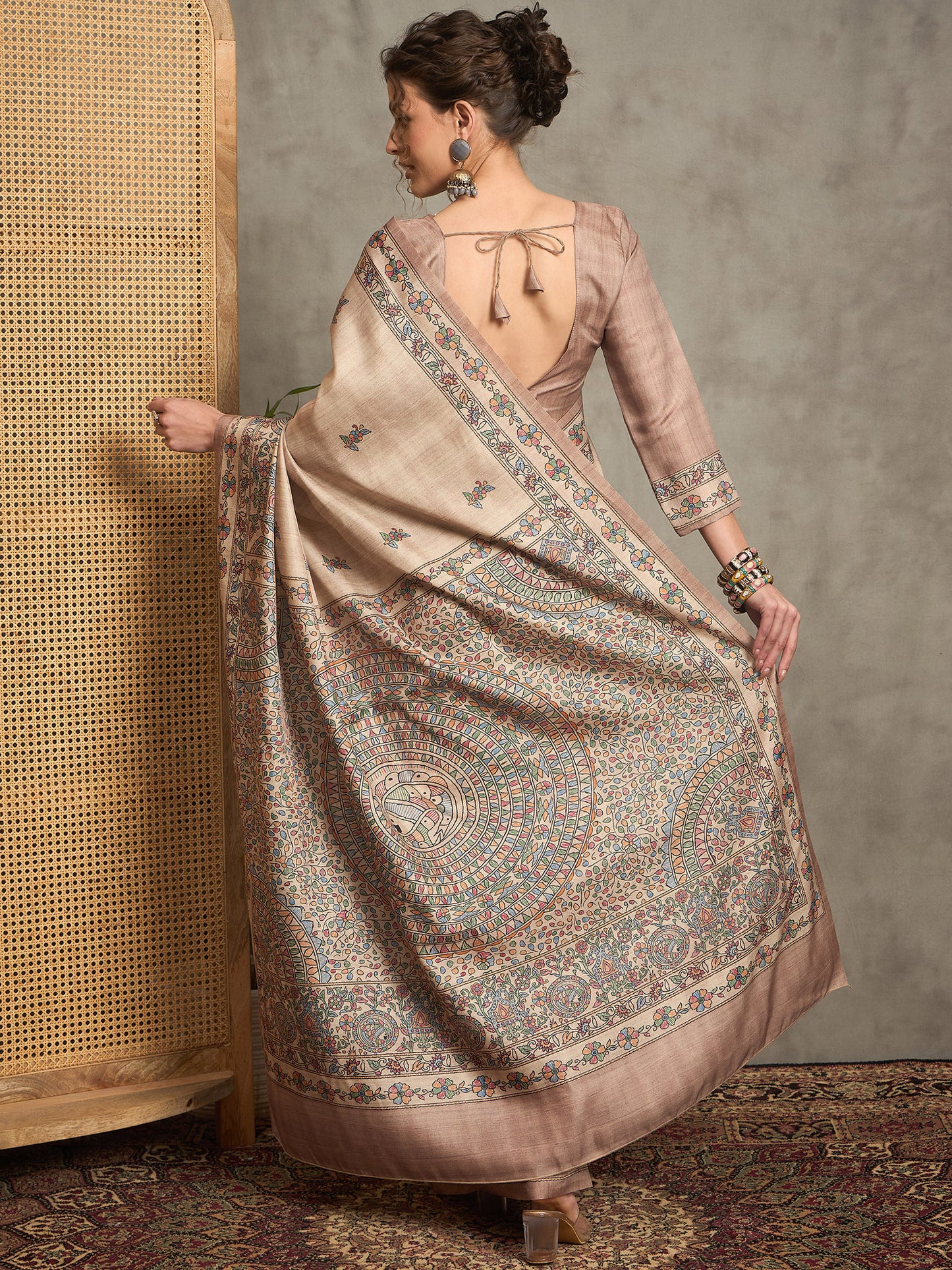 Women's Silk Blend Beige Printed Designer Saree With Blouse Piece