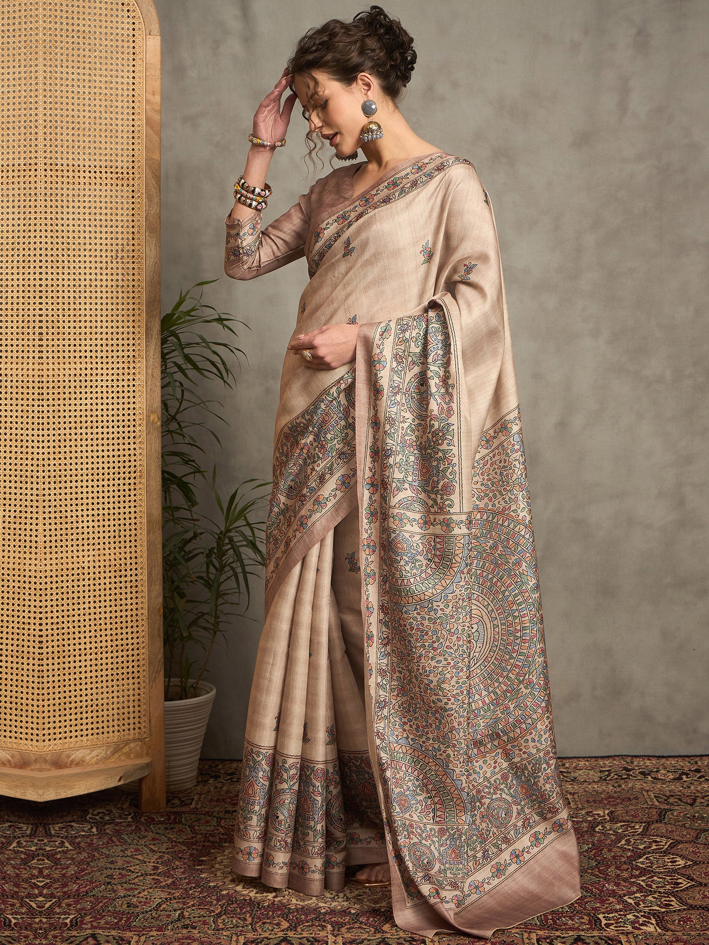 Women's Silk Blend Beige Printed Designer Saree With Blouse Piece