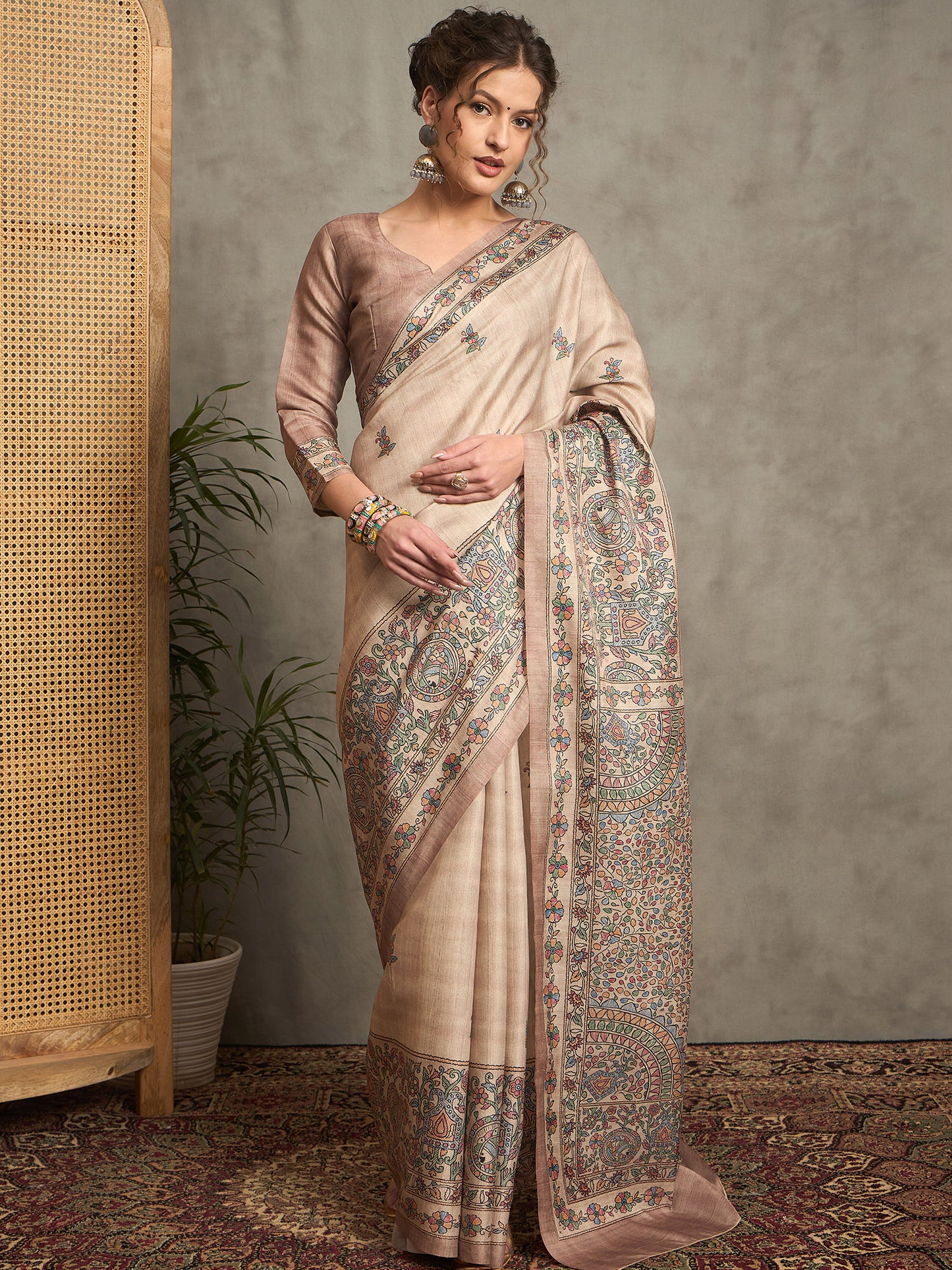 Women's Silk Blend Beige Printed Designer Saree With Blouse Piece