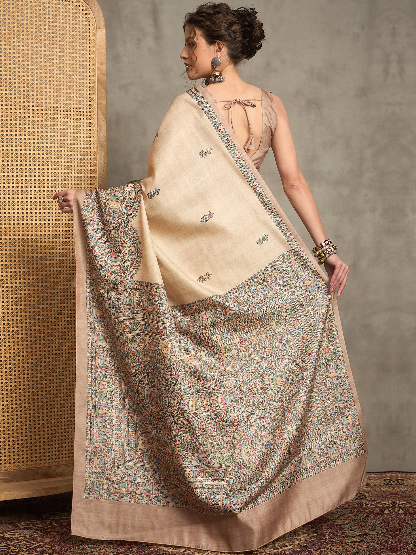 Women's Silk Blend Beige Printed Designer Saree With Blouse Piece