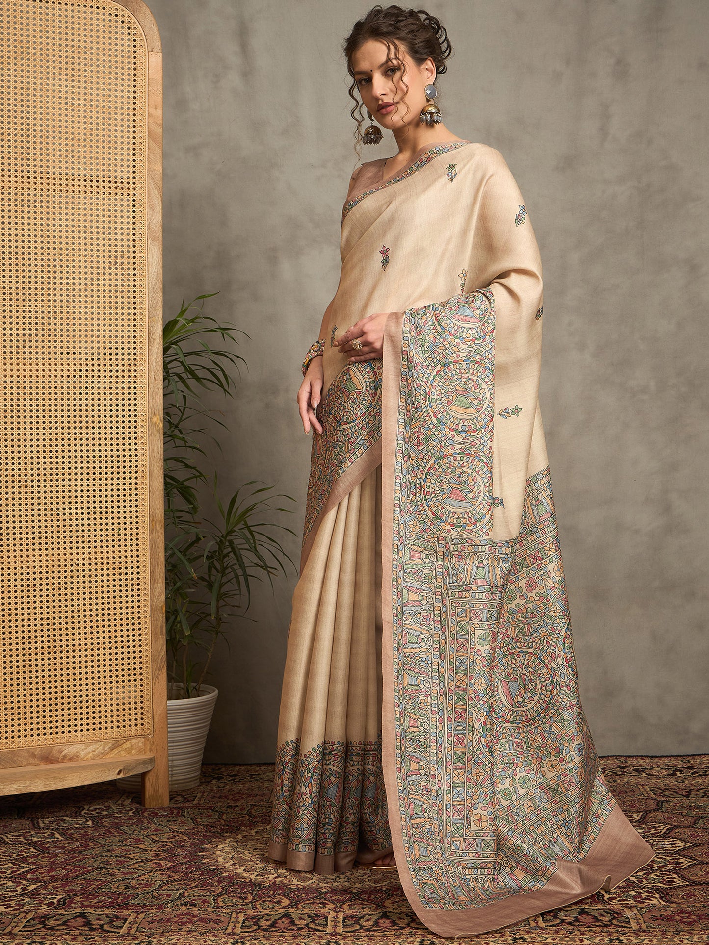 Women's Silk Blend Beige Printed Designer Saree With Blouse Piece