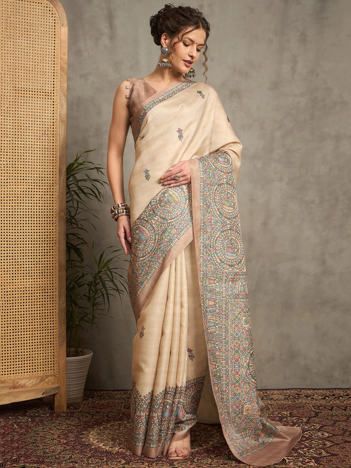 Women's Silk Blend Beige Printed Designer Saree With Blouse Piece