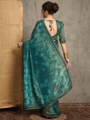 Women's Tissue Teal blue Embellished Designer Saree With Blouse Piece