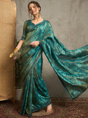 Women's Tissue Teal blue Embellished Designer Saree With Blouse Piece