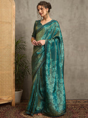 Women's Tissue Teal blue Embellished Designer Saree With Blouse Piece