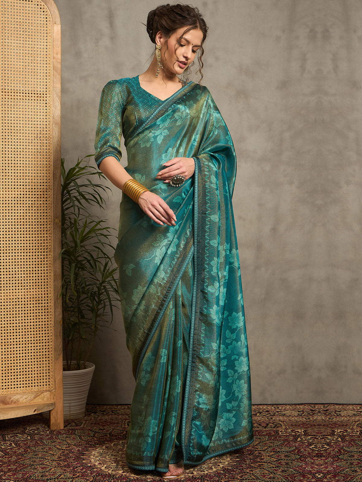 Women's Tissue Teal blue Embellished Designer Saree With Blouse Piece