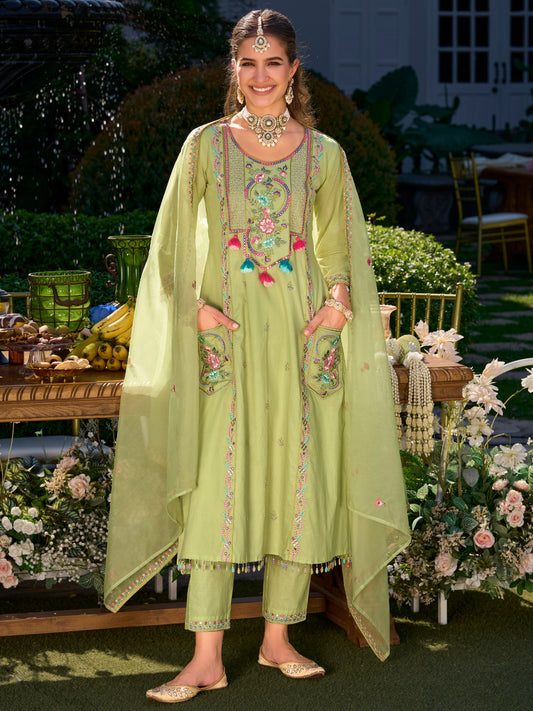Indo Era Green Embroidered A-Line Kurta Trousers With Dupatta Set