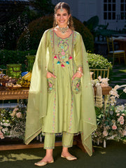 Indo Era Green Embroidered A-Line Kurta Trousers With Dupatta Set