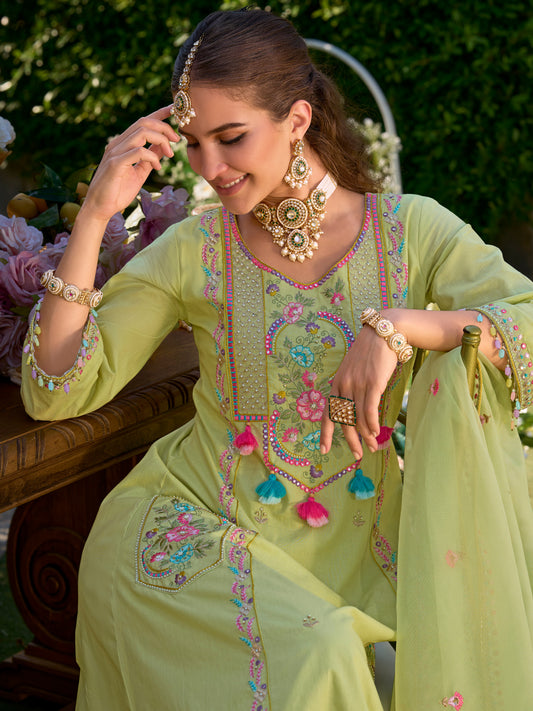 Indo Era Green Embroidered A-Line Kurta Trousers With Dupatta Set