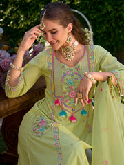 Indo Era Green Embroidered A-Line Kurta Trousers With Dupatta Set
