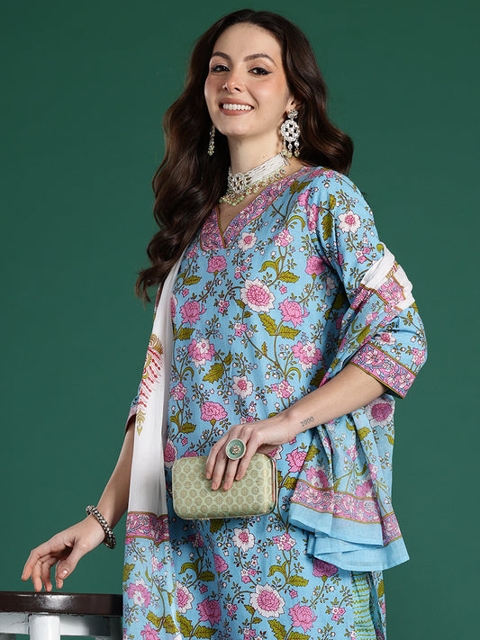 Indo Era Blue Printed Straight Kurta Trousers With Dupatta set