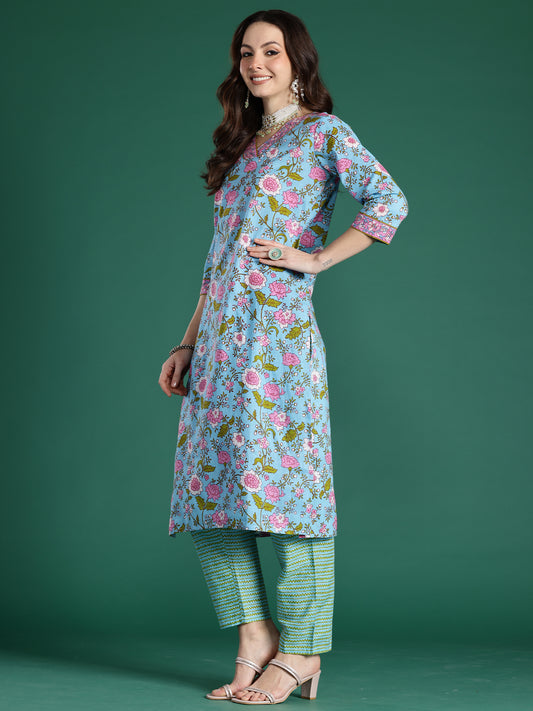 Indo Era Blue Printed Straight Kurta Trousers With Dupatta set