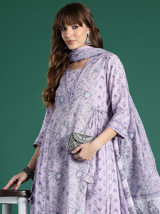 Indo Era Lavender Printed A-Line Kurta Trousers With Dupatta set