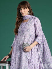 Indo Era Lavender Printed A-Line Kurta Trousers With Dupatta set