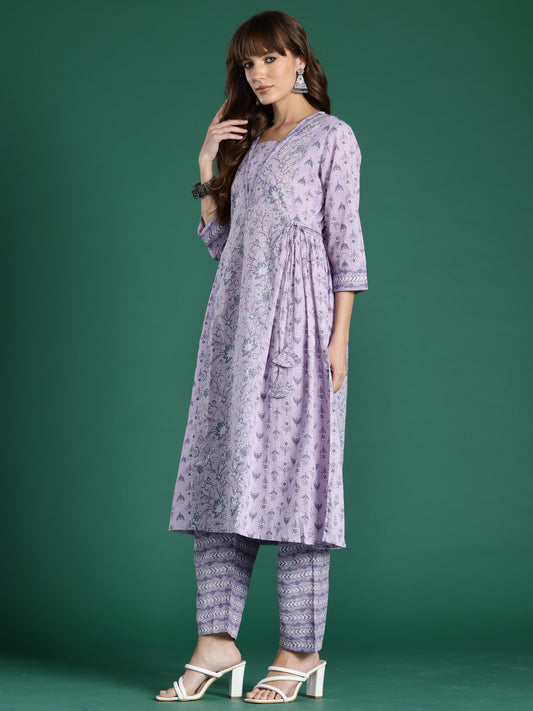 Indo Era Lavender Printed A-Line Kurta Trousers With Dupatta set