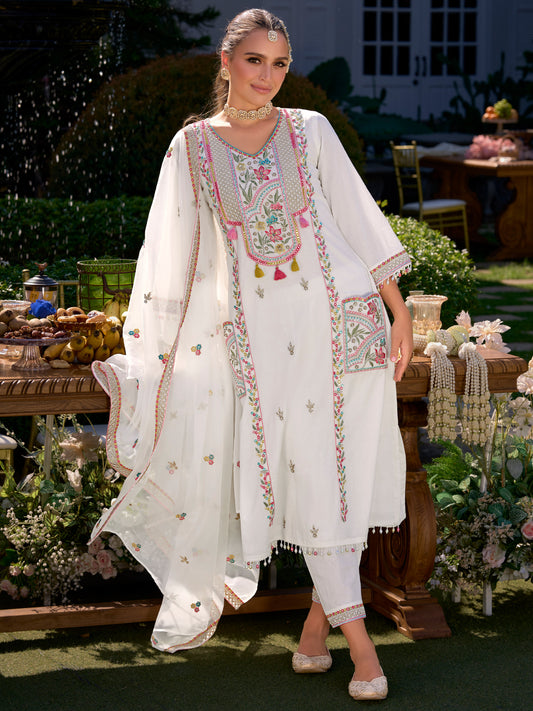 Indo Era Off White Embroidered A-Line Kurta Trousers With Dupatta Set